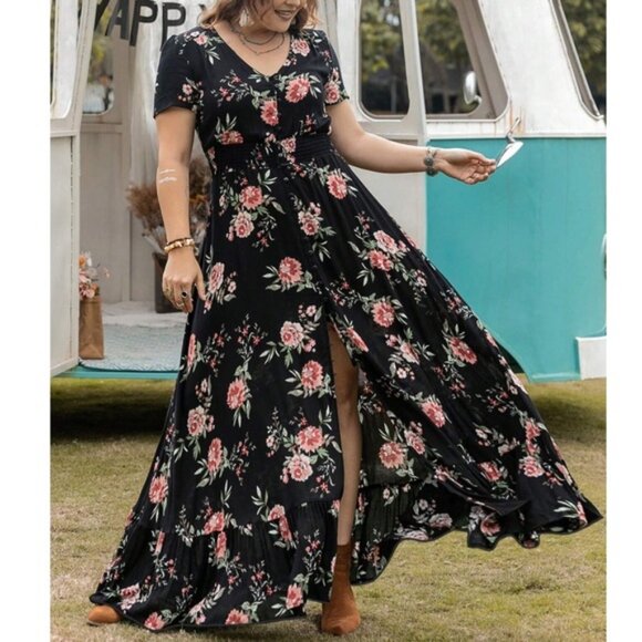 Plus Boho Floral Print Button Down Ruffle Hem Maxi Dress - Picture 1 of 13